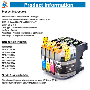 Lc227xl lc225xl BK/<span class=keywords><strong>C</strong></span>/M/Y đầy đủ hộp mự<span class=keywords><strong>c</strong></span> tương thích cho anh em DCP-J4120DW/j4420dw/j4620dw/j4625dw/j5620dw/j5625dw/j5320dw - Product Image 2