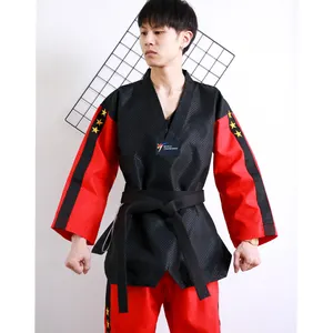 Rood Zwart Taekwondo Uniform Tkd Lange Mouwen Kinderen Kleding Taekwondo Dobok Wtf Suits Tae Kwon Custom Karate Uniform