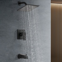 Système de douche mural encastré noir mat avec pommeau de douche pluie, mitigeur et bec de baignoire pour projets haut de gamme