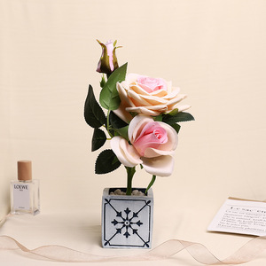 ดอกกุหลาบผ้าไหมประดิษฐ์ Jinhe ขนาด 7.5x7.5x28 ซม. กระถางลายตารางตกแต่งบ้าน - Product Image 2
