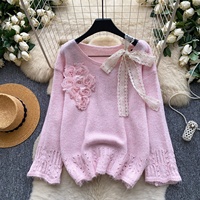 Pull en tricot à fleurs 3D pour femmes, style décontracté, doux et luxueux, pour l'automne et l'hiver