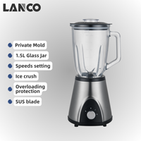 Blender électrique portable LANCO avec récipient en verre, vitesse variable, capacité de 1,5 L pour usage domestique et commercial