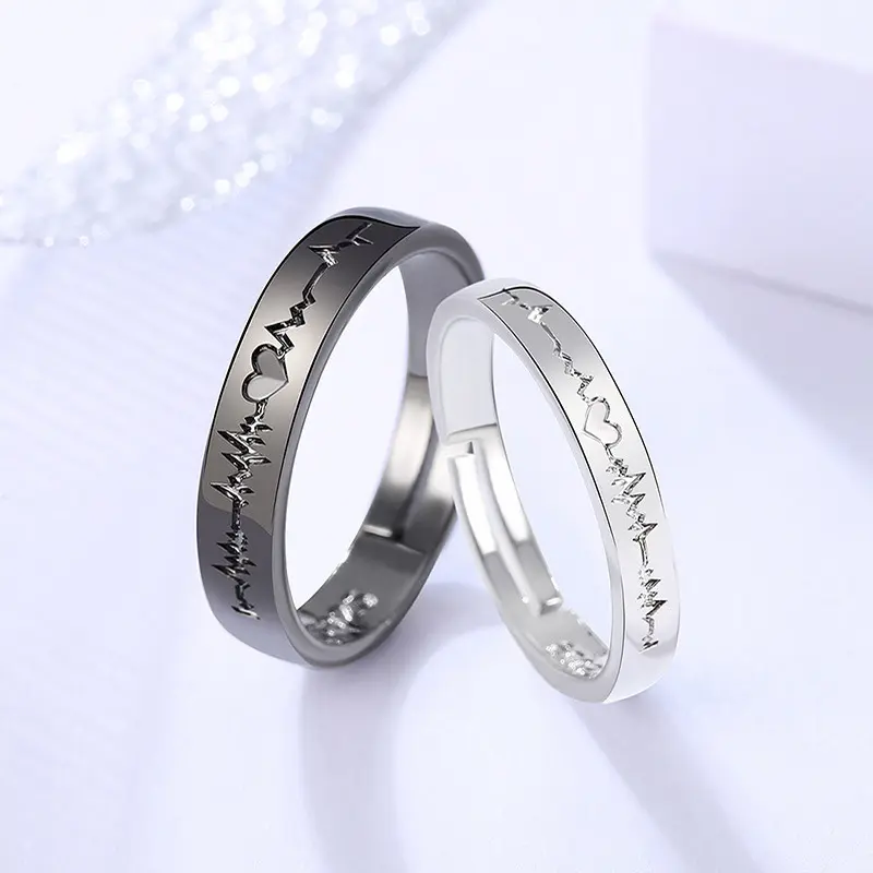 Romantic Couple Rings For Women Men Punk Heart ECG Black White Forever Love Promise Wedding Ring Valentine'S Day Love Gifts