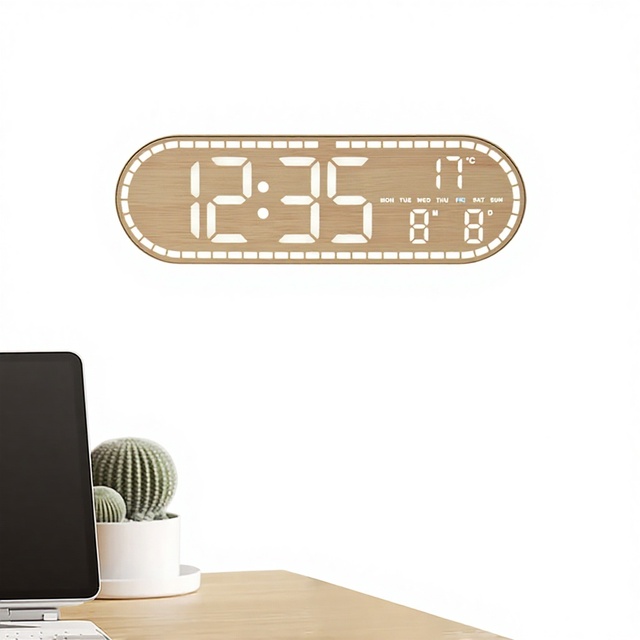 New Style Home Wall Clock Minimalist Wood Grain Style LED Electronic Multi-Functional  Hangable Oval Shape Decorative