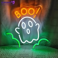 Enseigne néon LED fantôme Halloween Kawaii qui crie « BOO », alimentée par USB, kit de suspension complet, décoration murale fantôme, vente en gros personnalisée