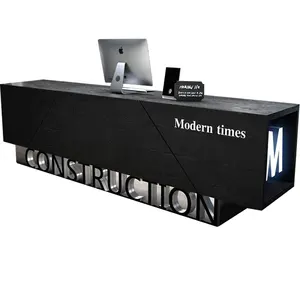 Wooden and metal material design industrial style black reception desk with customized LED logo