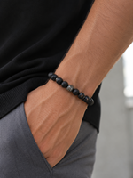 Natürliches Lavastein-Armband für Männer 10mm Perlen Dehnbares Kordel-Armband Edelstahl-Schmuck