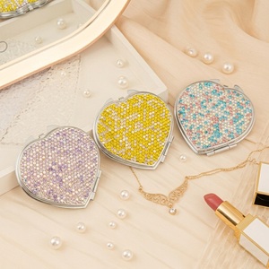 Crystal Rhinestone Heart Shaped Compact Mirror Dual Sided HD Glass <b>Silver</b> Metal Folding Pocket <b>Makeup</b> Mirror Bulk Wholesale - Product Image 1