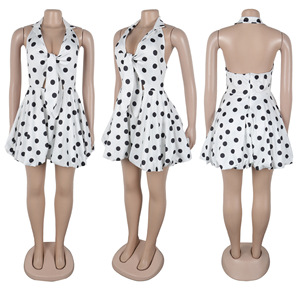 Vestido Casual Mini con Corte Sexy y Puntos Ondulados, Vestido Abullonado con Cuello en V, Vestidos de Mujer con Puntos Blancos y Negros - Product Image 4