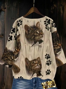 Maglione da <span class=keywords><strong>Donna</strong></span> Bohemien con Stampa Digitale Gatto, Collo <span class=keywords><strong>a</strong></span> O, Oversize, in <span class=keywords><strong>Maglia</strong></span> Pointelle, 100% Poliestere, Collezione Primavera 2026 - Product Image 6