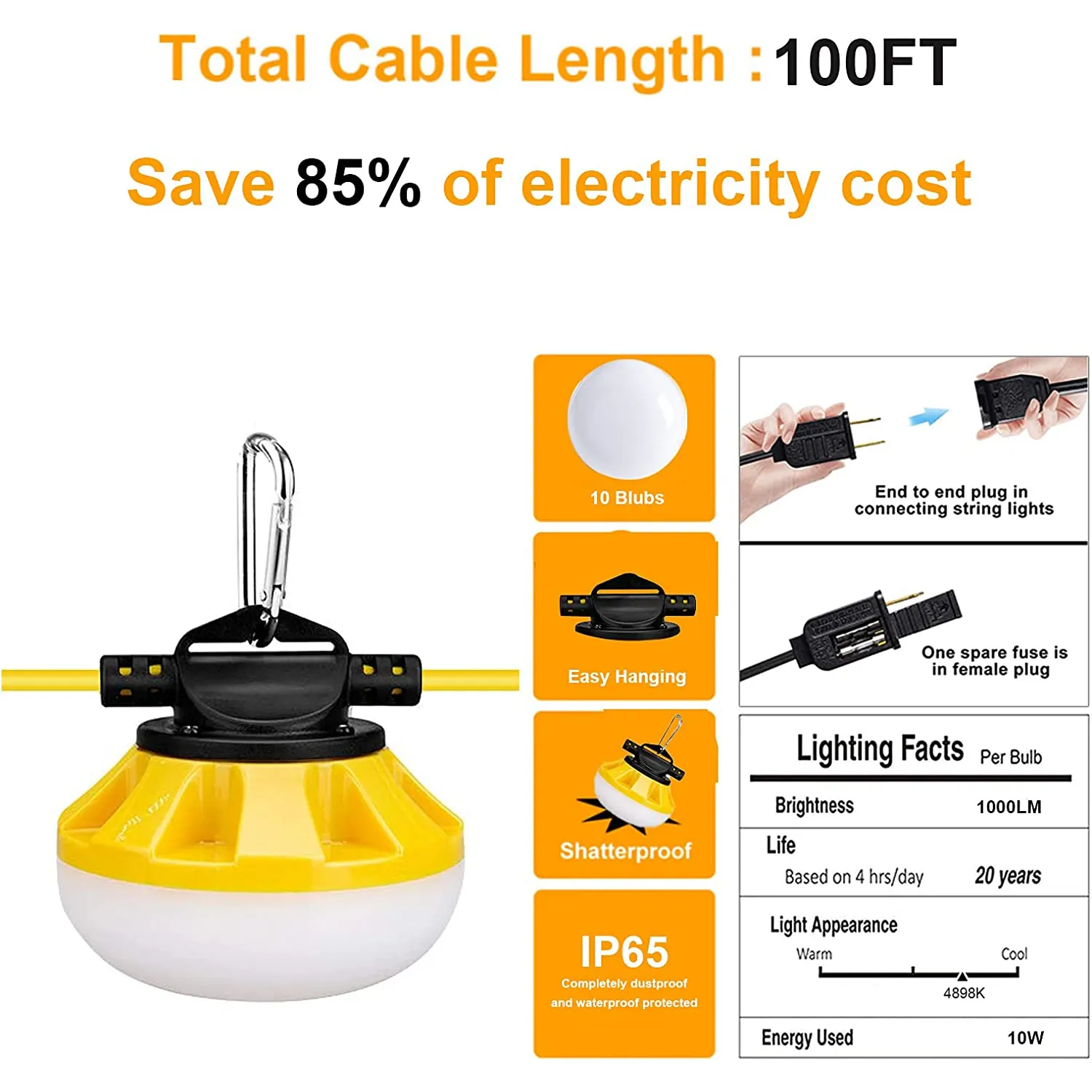 100FT Linkable แขวนพลาสติกอุตสาหกรรมทำงานสตริงไฟสำหรับสถานที่ก่อสร้างปรับปรุงทางเดินลานเหมืองถ้ำ