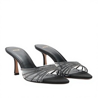 ZA MNG Sandales élégantes noires à talons hauts pour femme, bout pointu, talon fin, décor strass, à lanières, à enfiler, respirantes