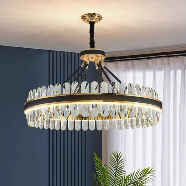 Modern Double-layer Black Circle Pendant Light Ceiling Crystal Ring Chandelier for Hotel Living Room