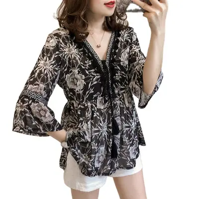 Blusa holgada de Chifón con manga para verano, camisa con estampado de moda coreana, talla grande, 2021