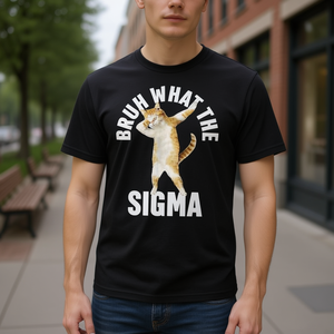 Cat Bruh What The Sigma Meme T-shirt per adulti unisex nera a maniche corte con stampa digitale - Product Image 2