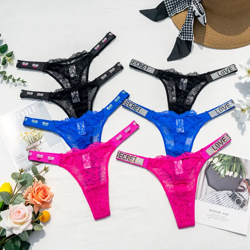 Same Style Lace Thong Women's Low Waist Perspective Narrow Edge Seamless Women's Underwear Hot Drilling Personality Thongs