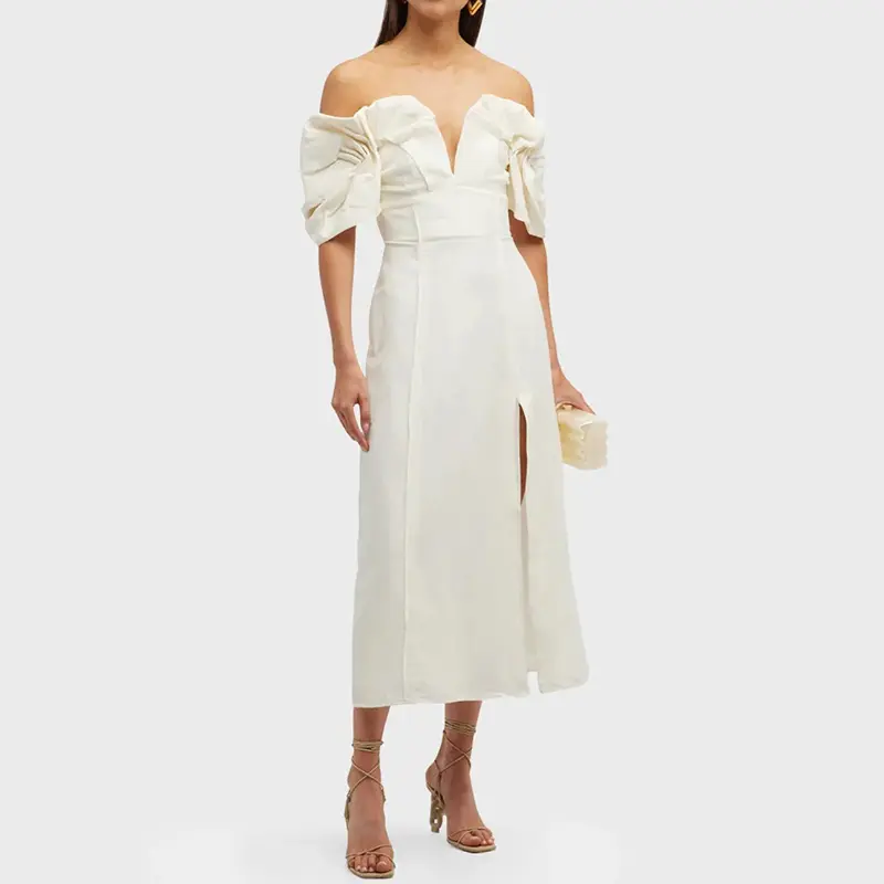 Elegant Off the Shoulder Midi Dress Short Puff Sleeves Cocktail Dress Thigh-high Slit Evening Gown Bridesmaid Dress