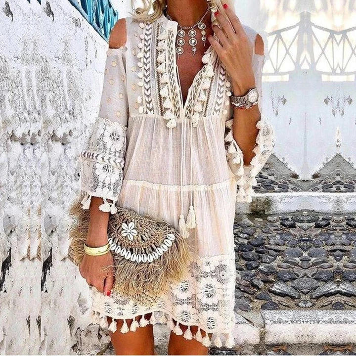 Vestido corto bohemio con borlas para mujer, vestido de media