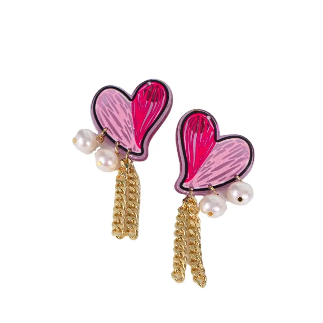 Fashion graffiti design pink heart acrylic earrings for women real fresh water pearl earrings jewelry