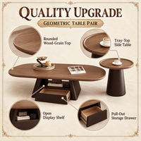 Ensemble table basse ovale et table d'appoint en bois massif, surface noire, base angulaire avec tiroir de rangement pour salon moderne