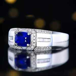Anillo de oro de 18k con zafiro azul natural de Birmania SGARIT de 0.97ct, halo para hombre con 52 piezas de diamantes naturales de 0.121ct, certificado NGTC, joyería. - Product Image 2