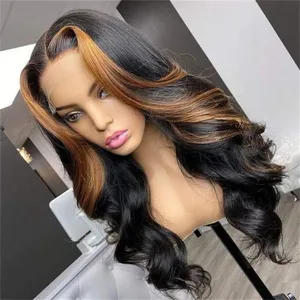 Skunk Stripe Wig Highlight Human Hair Honey Blonde Lace Front Body Wave Wig With Streaks Colored Closure Wigs For Women