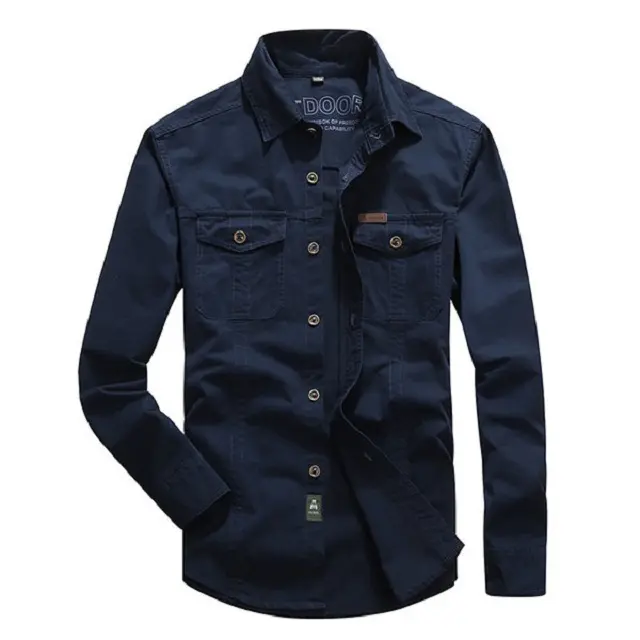 2019 Hot Selling Work Casual Long Sleeve Cotton Loose Fit Double Pockets Mens Shirts