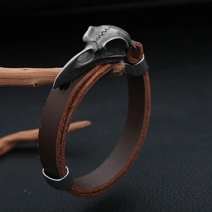 yunnique Crow Skull Leather Bracelet Men's Punk Rock Jewelry Tibetan Silver Animal Shape Casual Wearable <b>Accessory</b> - Product Image 6