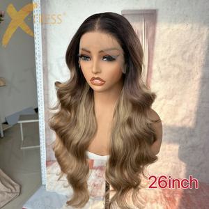 X-TRESS 13*6 Perruque Synthétique Longue Bouclée Loose Body Wave avec Racine Noire et Couleur Lin Blond, Lace Front Pré-Plucked Libre Partie - Product Image 2