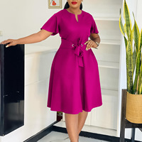 Robe de bureau tendance pour femme, coupe évasée, col en V, taille haute, manches courtes à volants, ceinture africaine, style professionnel