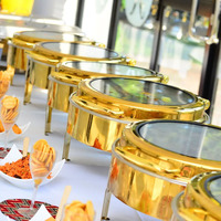 Matériel de restauration Marque RRR – Ensemble de chauffe-plats de luxe en acier inoxydable doré, chauffe-plats électrique avec couvercle en verre et réchaud à combustible
