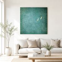 Toile carrée faite à la main avec motif de grue, verte, minimaliste, non encadrée, enroulée sur châssis, vente en gros de peintures et d'œuvres d'art murales, style Wabi Sabi pour la décoration intérieure