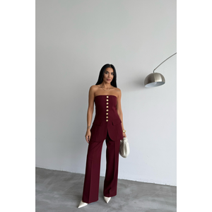 DESIGNER Burgundy Striped Woven Fabric Waistcoat <b>Gold</b> Buttoned Strapless Vest Windproof Casual Office Outer <b>Suits</b> Logo - Product Image 4