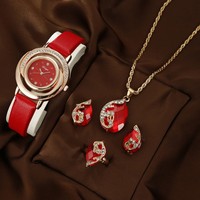Nouveau femmes diamant clouté en cuir femmes montre coloré strass goutte d'eau boucles d'oreilles anneaux collier montre à Quartz ensemble de bijoux