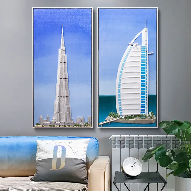 Lukisan Pemandangan Dubai Kanvas Seni Buatan Tangan Ukiran 3d Lukisan Hotel Berlayar dengan Bingkai Kanvas Seni Uni Eropa