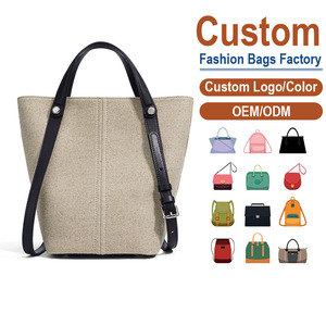 Genuine Full-Grain Leather & Cotton-Linen Blend <b>Shoulder</b> Bag – Beige Canvas Body with Black Leather Handles and Adjustable <b>Strap</b> - Product Image 1