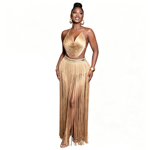 European and American women's sexy backless <b>tied</b> rope hanging neck top, half skirt tassel <b>set</b> wholesale - Product Image 5