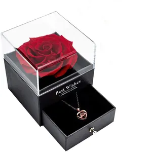 Handmade Preserved Real Eternal Rose Jewelry Acrylic Gift Box Enchanted Flower for Girlfriend Mother Wife on Anniversary