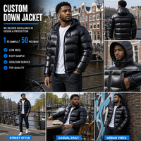 Blouson d'hiver matelassé à capuche pour homme, aspect laqué brillant, rembourrage en duvet, matelassage horizontal, poches zippées, OEM sur le devant