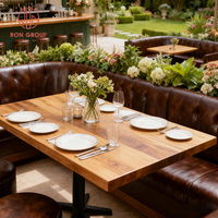 Table à manger vintage française en bois courbé, avec banquette en cuir PU marron pour 6 personnes, idéale pour café, restaurant, terrasse extérieure.