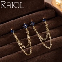Anting-anting gantung rantai ganda RAKOL ZPE733 untuk wanita, anting tusuk 2 lubang, bertabur zircon kubik