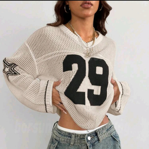 Maglione coprente oversize con logo personalizzato da <span class=keywords><strong>donna</strong></span> maglieria uncinetto <span class=keywords><strong>maglia</strong></span> <span class=keywords><strong>maglia</strong></span> <span class=keywords><strong>a</strong></span> <span class=keywords><strong>righe</strong></span> con stampa numero - Product Image 4