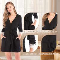 Vêtements de nuit de luxe pour adultes Robe de nuit et peignoir en dentelle noire Peignoir en coton