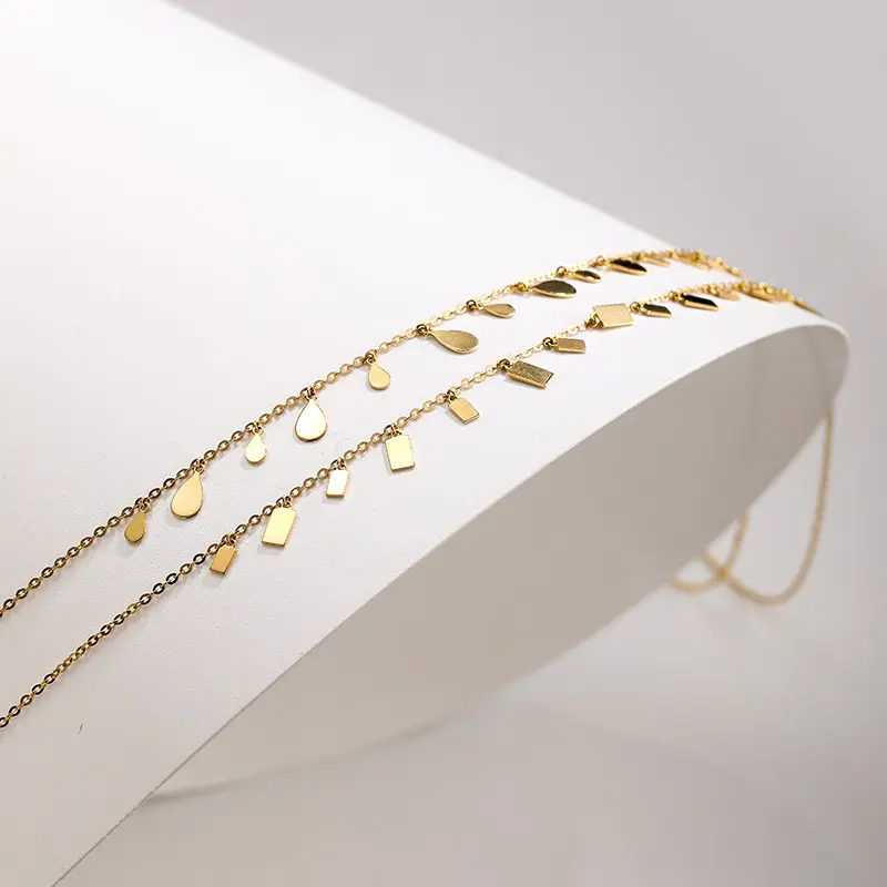 Collar de oro 18K para mujer, cadena brillante, cadena de gota de agua, placa cuadrada, cadena de hueso de cuello dorado liso