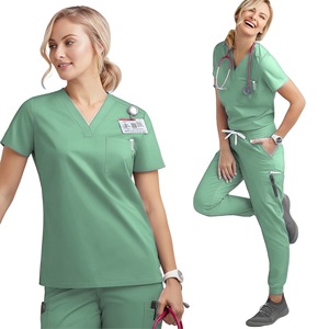 Women's Scrub Set Short Sleeve V-<b>Neck</b> Pink Moisture Wicking Hospital Uniforms Split Set Size S XXL Knitted Fabric - Product Image 2