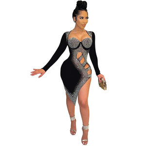 Mini abito da donna a maniche lunghe con diamanti Sexy - Product Image 2