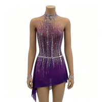 Robe de patinage artistique violette sans manches à col halter, entièrement ornée de strass, dos ouvert, jupe asymétrique pour filles et enfants, compétition