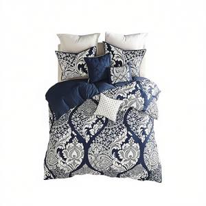 Ensemble de housse de couette 6 pièces, imprimé bleu marine et blanc, motif damassé, literie, décoration de chambre - Product Image 1