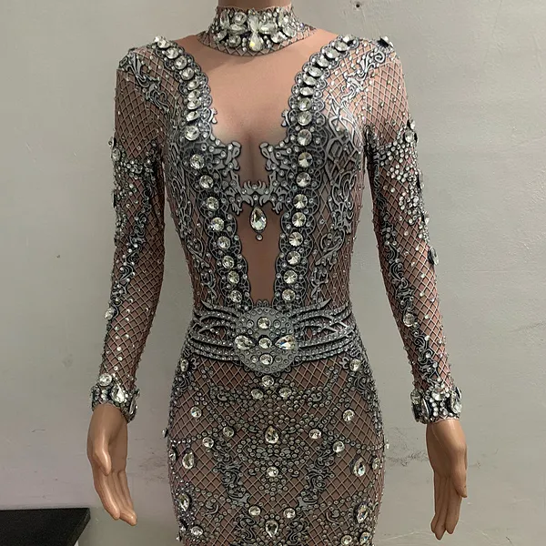 Moda yeni tasarım lüks elmas süslenmiş derin v see through seksi elbise parti elbise kadın bayan seksi giyim kulübü kumaş