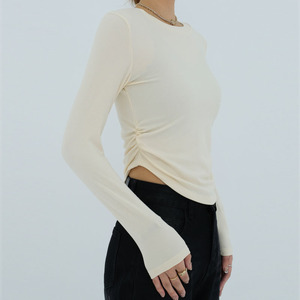 Top de mezcla modal de textura arrugada de manga larga con cuello redondo de tacto de seda, blusa minimalista de oficina a cena con aberturas laterales - Product Image 5